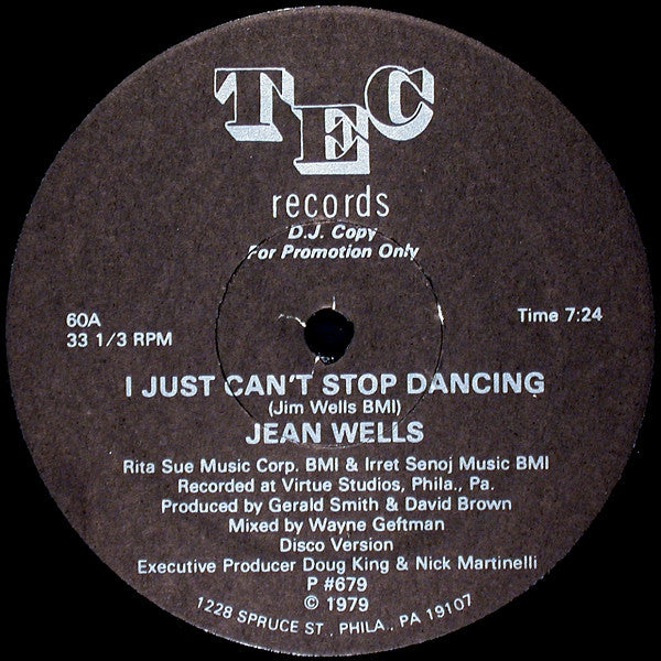 Jean Wells : I Just Can't Stop Dancing (12", Promo)