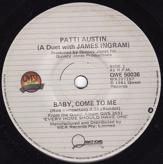 Patti Austin : Baby, Come To Me (7")